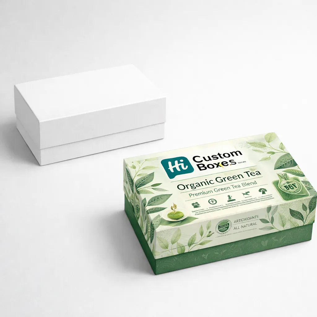A white two-piece rigid box shown with a custom printed organic green tea gift box. class=
